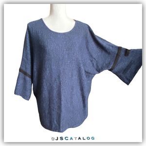 NY Collection Blue Black Batwing Knit Pullover Blouse with 3/4 Sleeves - L - Lik